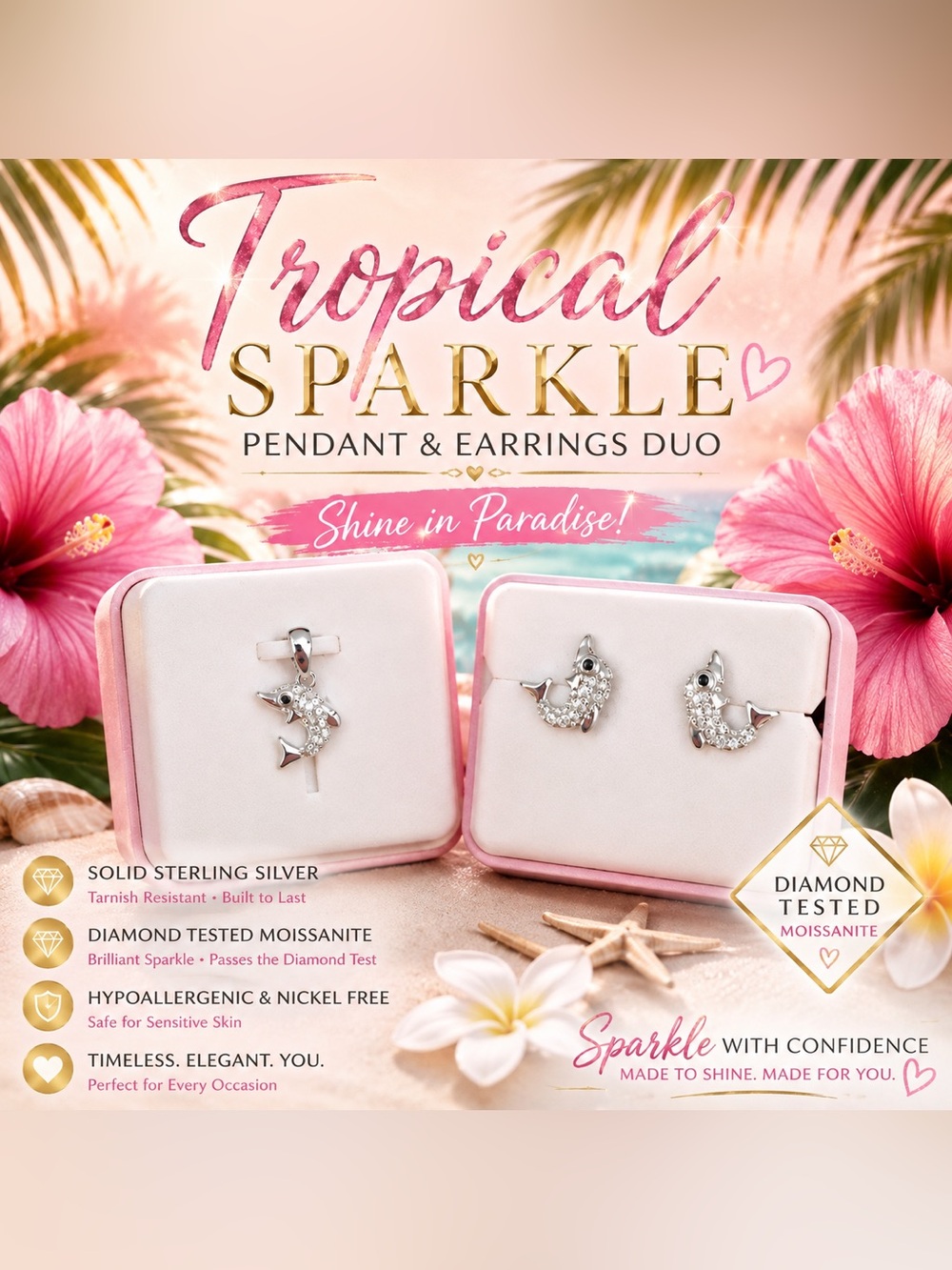 Tropical Sparkle Silver Dolphin Pendant & Earrings $350 retail set bundle